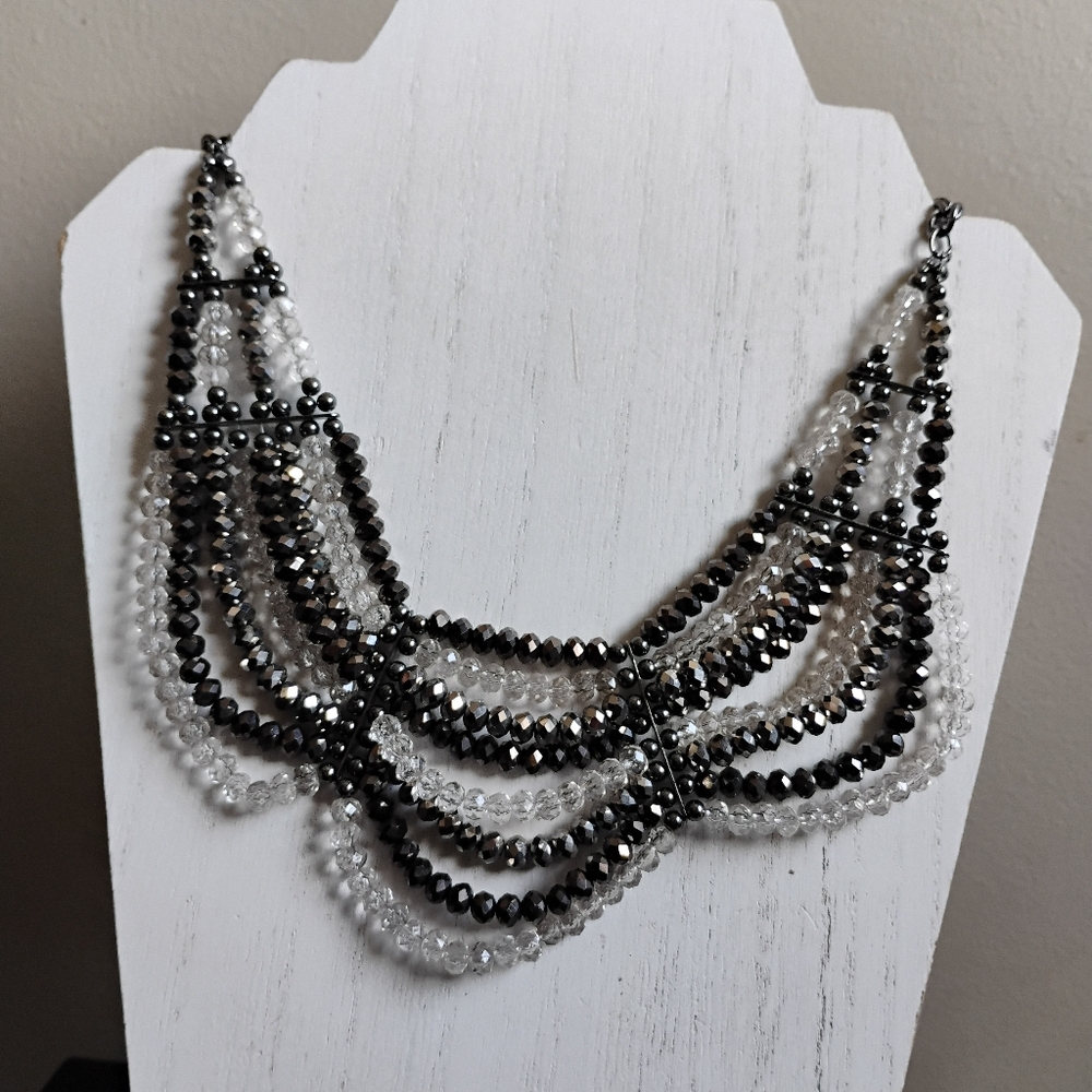 Beautiful Beaded Statement Bib Necklace | Gunmetal Silver Clear